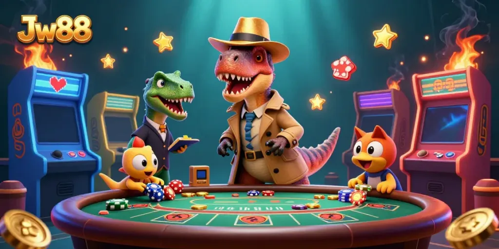 Experience thrilling gameplay with Jw88's vibrant casino scene featuring characters and arcade elements.