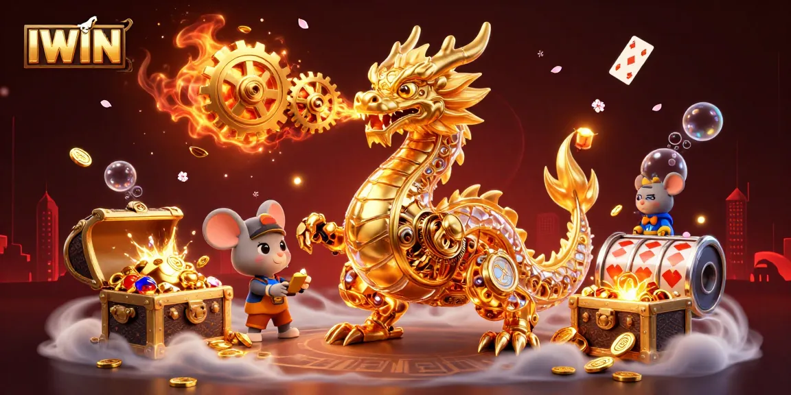 Win big with IWIN's thrilling casino games featuring a golden dragon and vibrant slot elements.