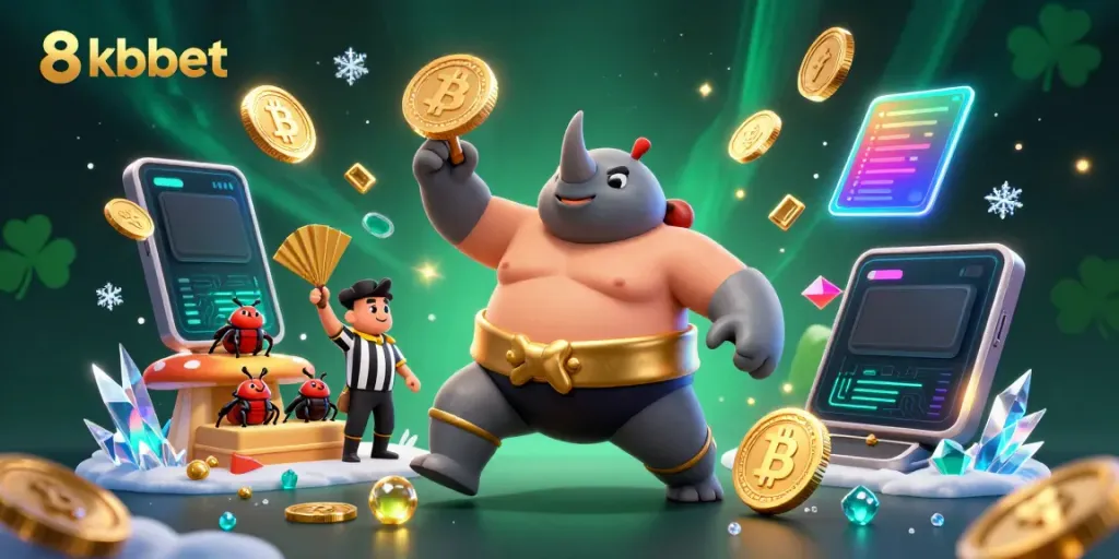 Experience the excitement of 8xbet with a dynamic scene featuring a rhinoceros beetle sumo champion surrounded by flying coins and blockchain elements.