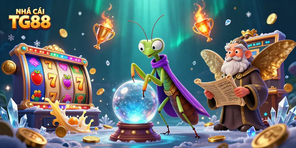 Engage with NHÀ CÁI TG88 in this dynamic slot casino scene featuring lucky symbols and vibrant characters.