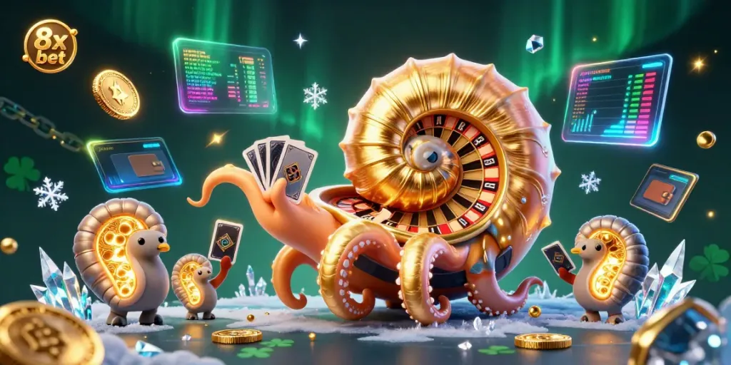 Engage with the dazzling world of 8x bet in a vibrant 3D casino scene filled with animated gaming elements.