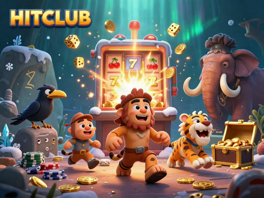 Engage in the HITCLUB gaming experience with 3D cartoon characters in a whimsical casino scene.
