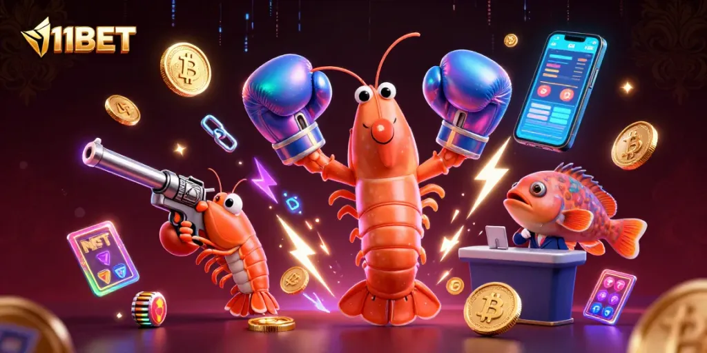 Engage with 11BET's vibrant online casino scene featuring animated casino characters and dynamic game elements.