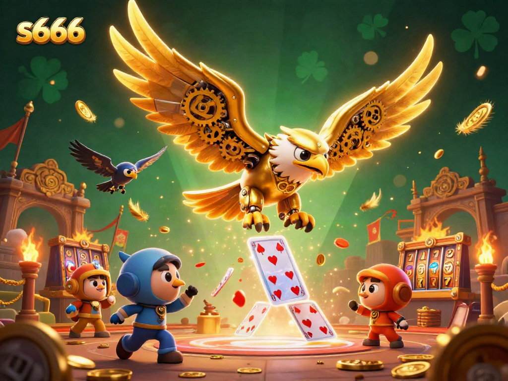 S666 slots experience with a cybernetic golden eagle soaring amidst holographic games, dynamic visuals