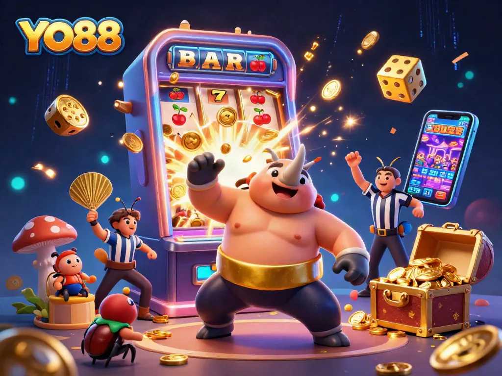 Watch YO88's rhinoceros beetle champion in action, surrounded by vibrant casino elements and flying treasures.