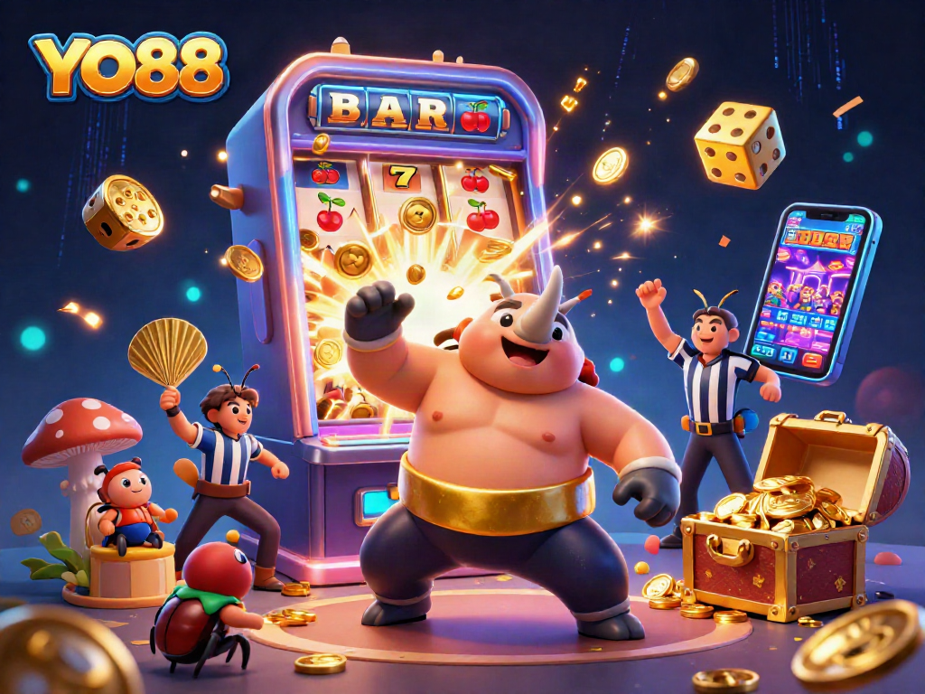 Watch YO88's rhinoceros beetle champion in action, surrounded by vibrant casino elements and flying treasures.
