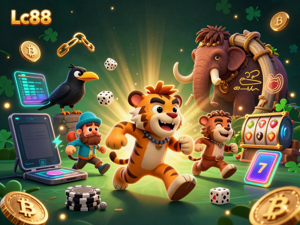 Experience Lc88's vibrant prehistoric casino scene featuring a caveman and saber-tooth tiger.