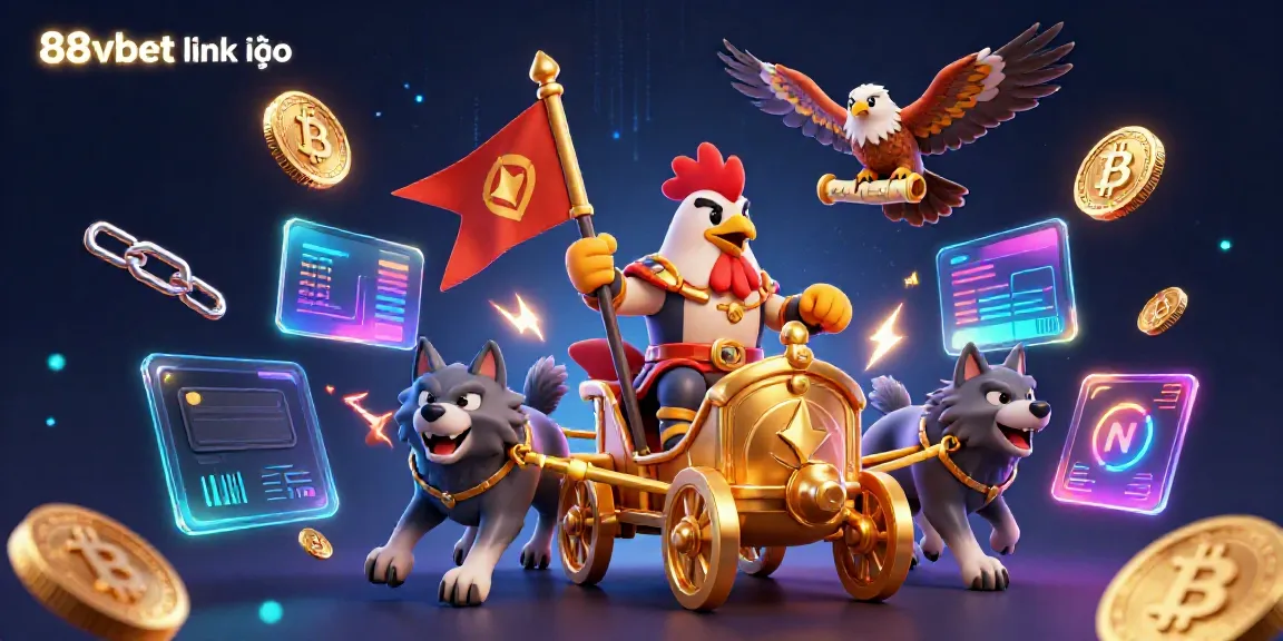 Experience excitement with 88vbet link vào featuring a cartoon rooster warlord leading a crypto adventure.
