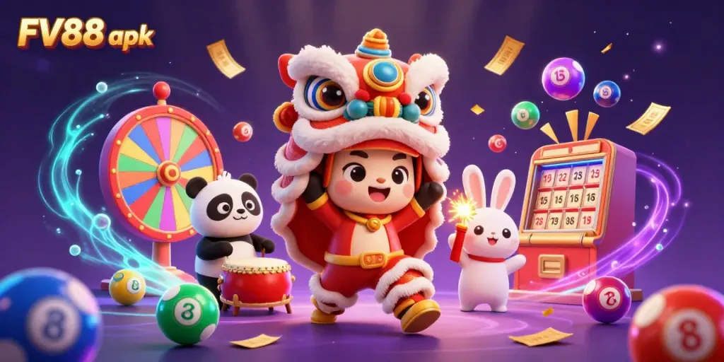 Experience the excitement of FV88 apk with a vibrant and lively casino-themed illustration featuring dynamic festive elements.