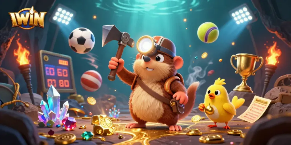 Engage with IWIN's thrilling gambling experience featuring a treasure hunter in a cave!