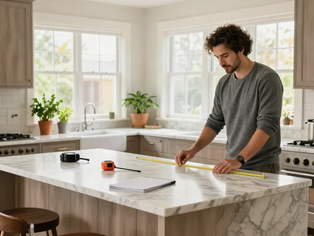 Custom countertops Hamilton showcased in a bright kitchen scene with homeowner measuring dimensions, rich marble textures, inviting atmosphere.