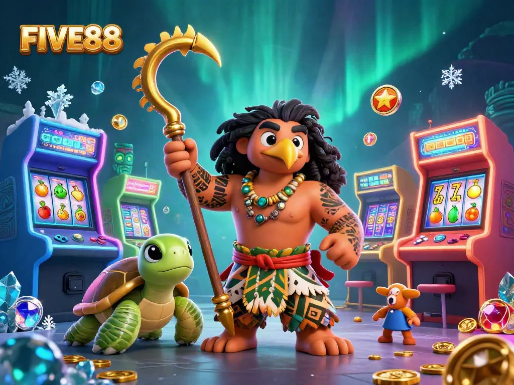 Spin to win at FIVE88 with a vivid, interactive casino-themed scene featuring vibrant characters and game elements.