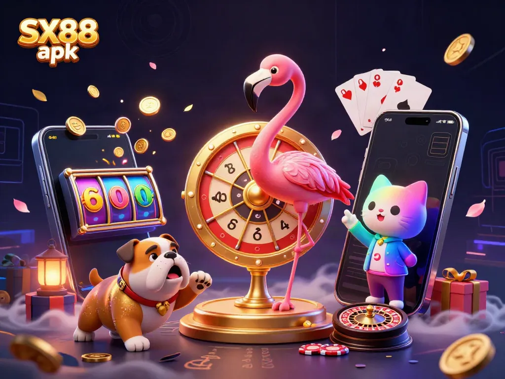 Experience the excitement of SX88 apk with a vibrant casino-themed illustration featuring a game show host, bulldog contestant, and prizes.
