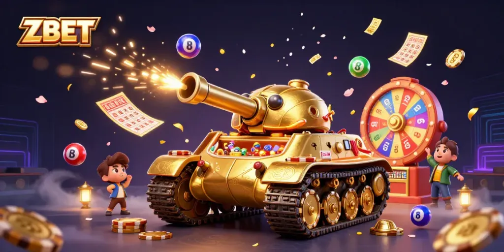 Engage with ZBET's vibrant casino atmosphere, featuring a golden beetle tank and lottery balls.
