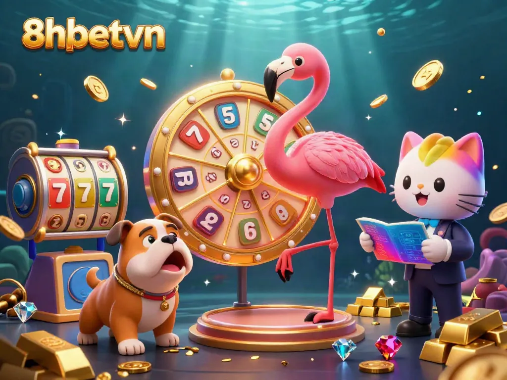 Experience exciting wins at 8xbetvn with a dazzling game show illustration showcasing a treasure-filled casino scene.