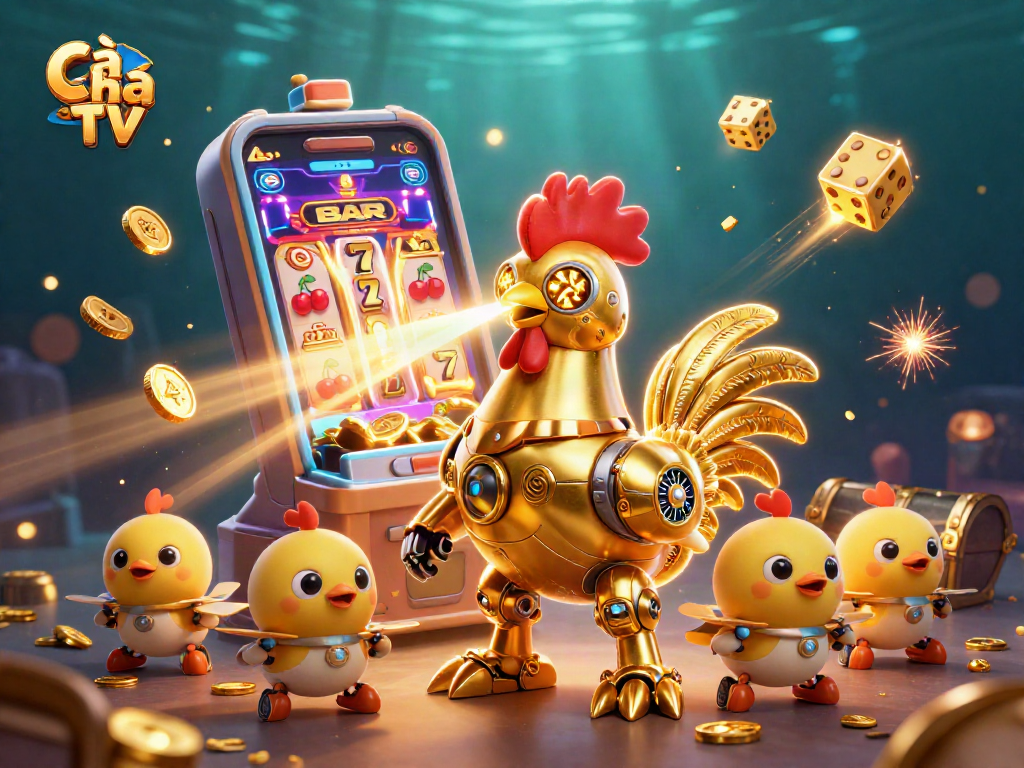 Cà Khịa TV showcases a vibrant scene with a golden rooster robot and baby chick drones in a playful casino setting.