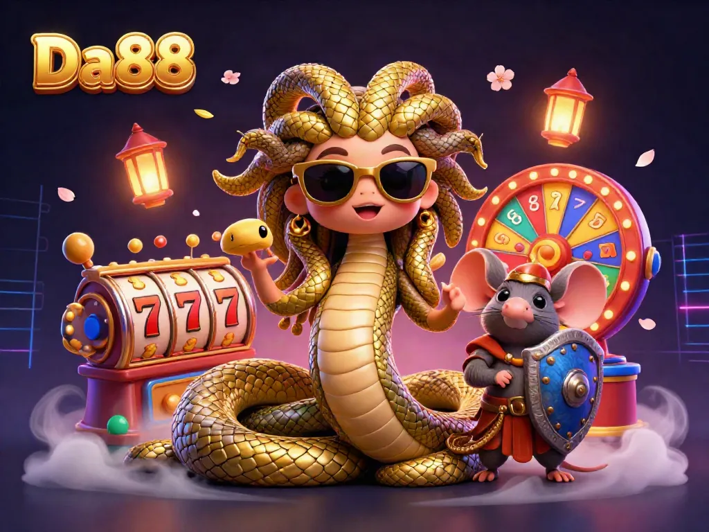 Experience thrilling gameplay at Da88 with captivating casino elements and characters in a vibrant 3D illustration.
