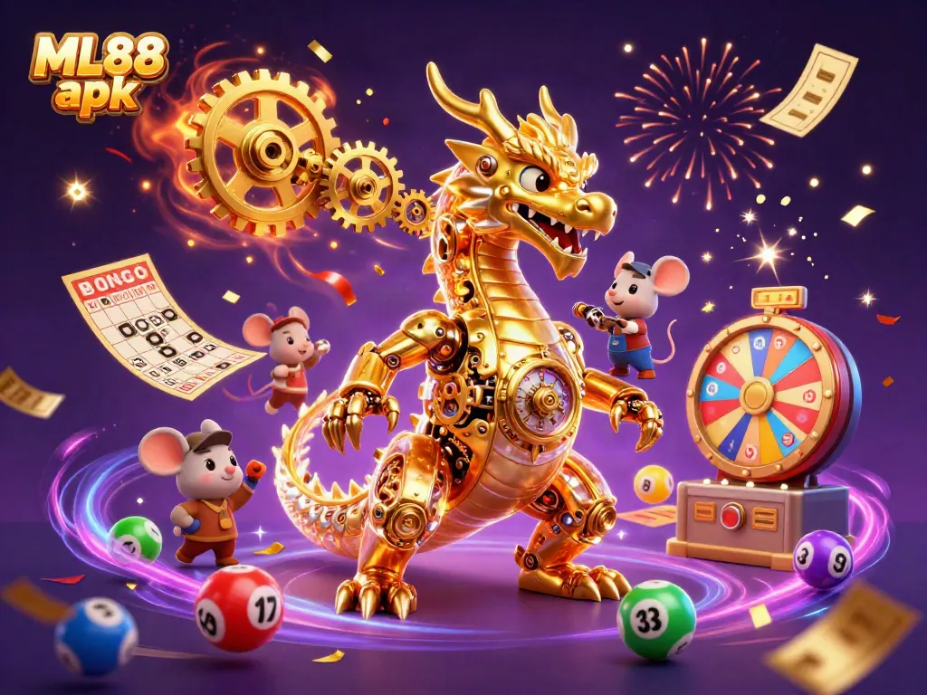 Experience the thrilling world of ML88 apk with a dynamic 3D illustration featuring a golden dragon and colorful gaming elements.
