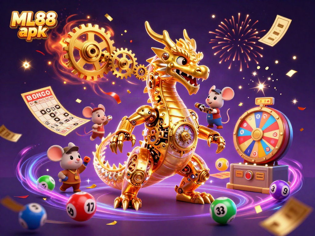 Experience the thrilling world of ML88 apk with a dynamic 3D illustration featuring a golden dragon and colorful gaming elements.