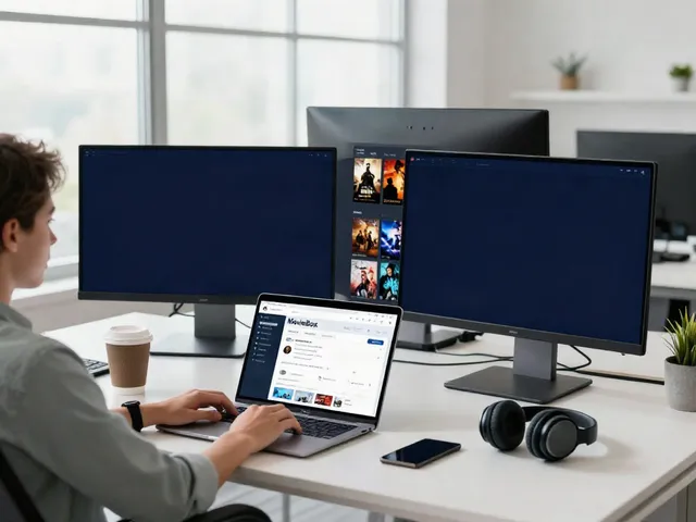 Person using moviebox pc apk download on a modern workspace with multiple devices.