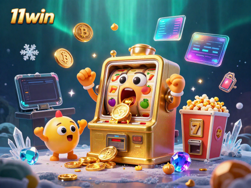 Experience a thrilling jackpot moment with 11win’s animated golden slot machine and cheering characters.