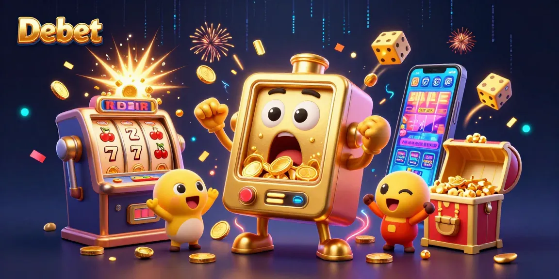 Experience the excitement of Debet as the golden slot machine hits a jackpot, showering coins with cheering companions.