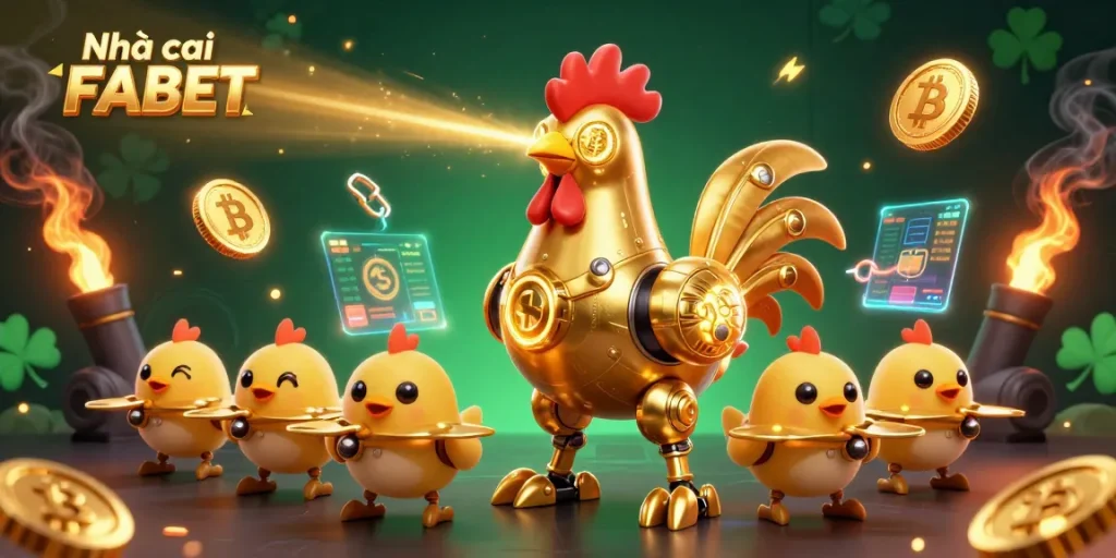 Bet with Nhà cái FABET, a dynamic illustration of a golden rooster robot and baby chick drones amidst crypto elements.