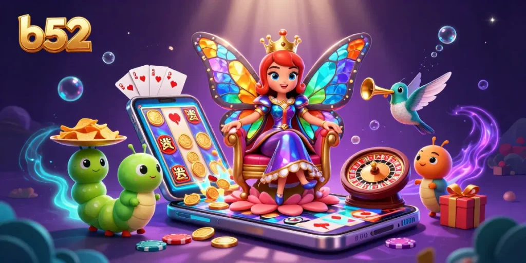 Experience the b52 slots with vibrant, magical casino elements in a rich 3D illustration.