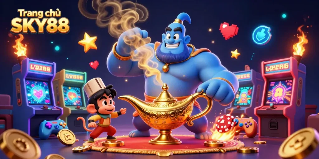 Experience thrilling action at Trang chủ SKY88 with a vibrant scene featuring gaming icons and a magical genie.