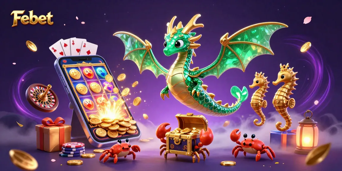 Febet players enjoy vibrant casino action with a sea dragon, treasure, and game elements.