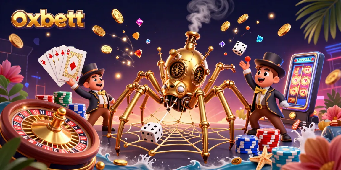Experience thrilling gameplay with oxbett's steampunk casino theme, featuring vibrant coins and games.
