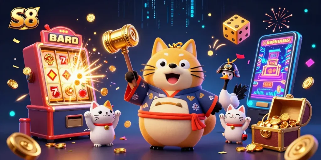 Win big with S8 in a vibrant casino scene featuring festive characters and dynamic game elements.