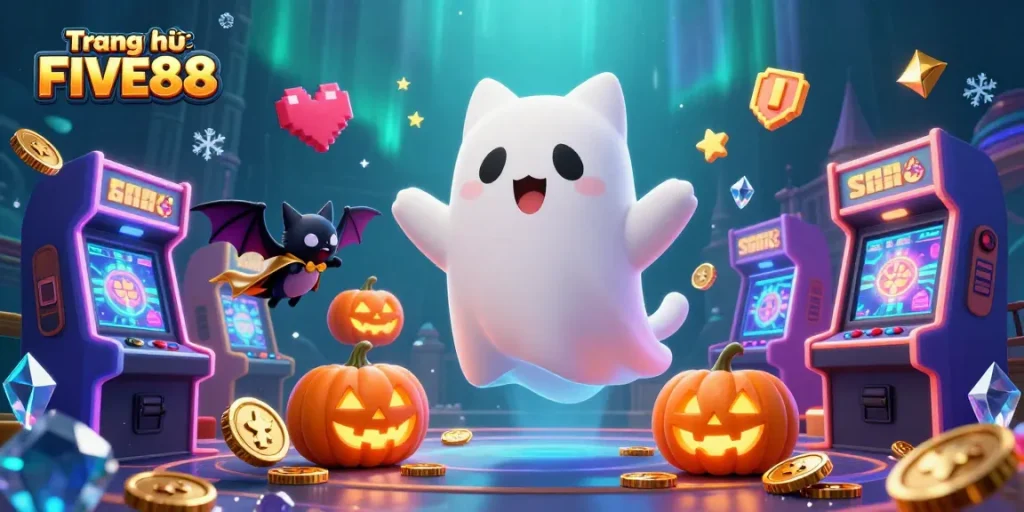 Experience the thrill of Trang chủ FIVE88 with a ghost cat and vibrant casino elements.