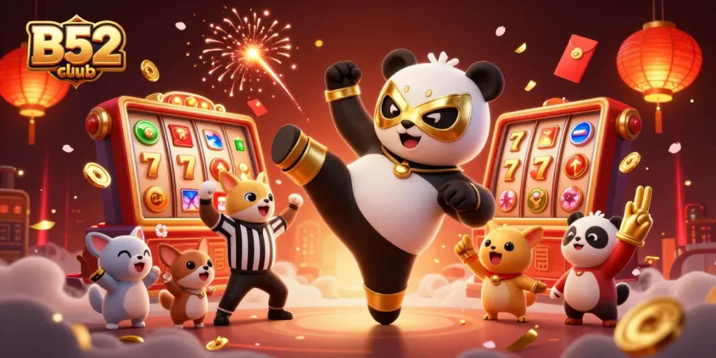 Join the excitement at B52 club with a dynamic scene featuring vibrant slot reels and a cheering crowd.