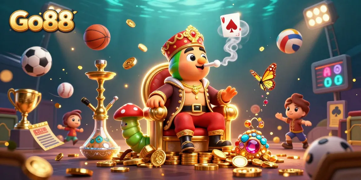 Experience Go88's thrilling gaming world as the caterpillar master rules the scene with vibrant casino vibes.