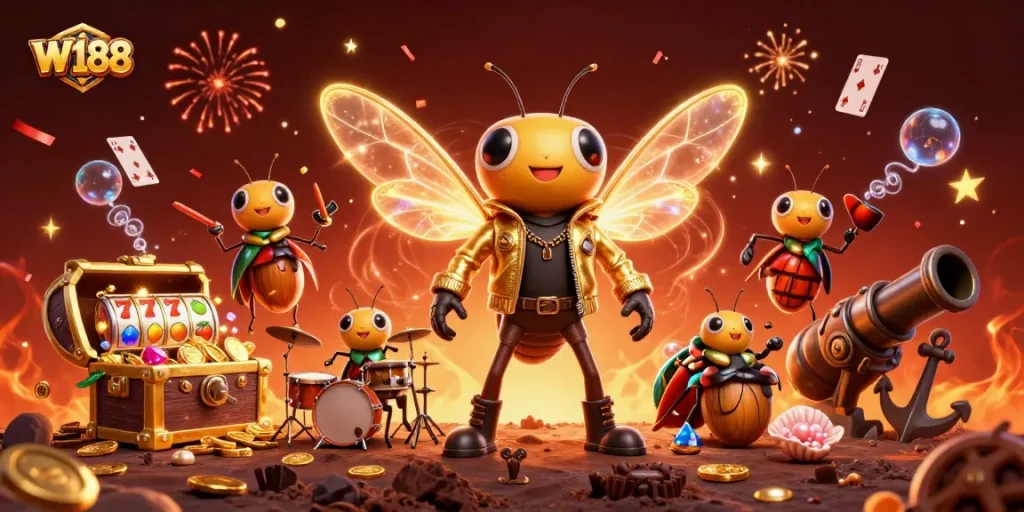 Experience W188's thrilling casino adventures with a vibrant rock star scene featuring lively game elements.