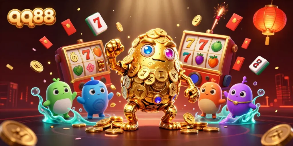 Engage with qq88's vibrant slot adventures featuring a golden golem amidst classic symbols.