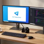 Efficient workspace showcasing Telegram下载 app on multiple screens in a sleek tech office.