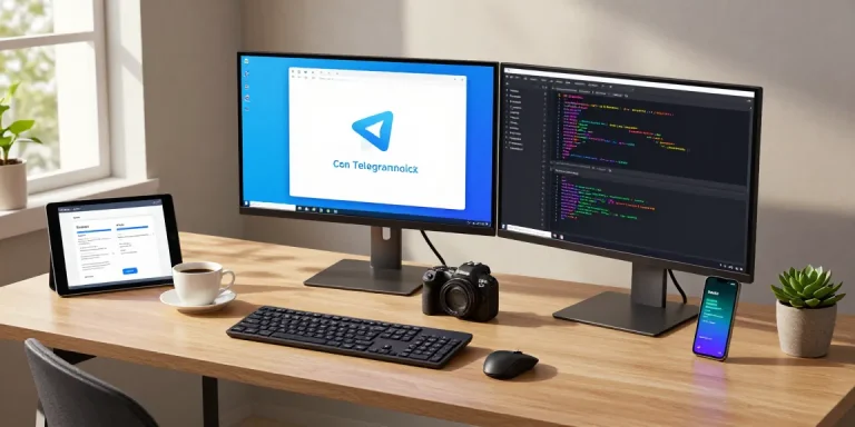 Efficient workspace showcasing Telegram下载 app on multiple screens in a sleek tech office.