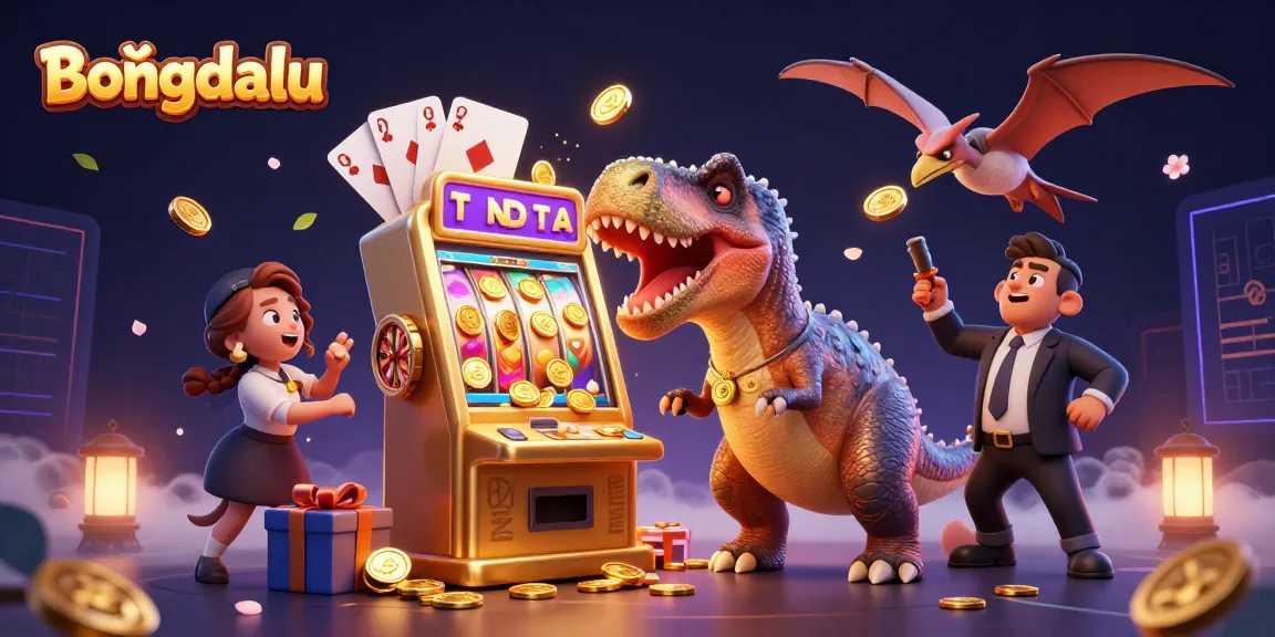 Bongdalu features a pachycephalosaurus celebrating a jackpot win with coins and a lively casino atmosphere.