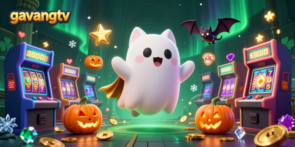 Engage with gavangtv's thrilling casino experience featuring a ghost cat and vampire bat amidst vibrant game elements.