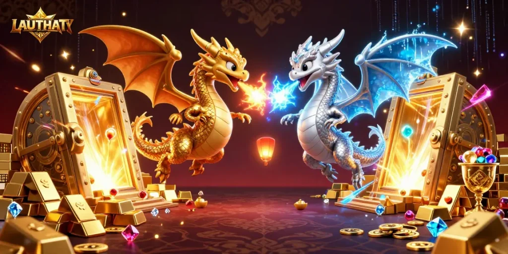 Engage with LAUTHAITV's exciting fires and icy moments featuring interconnected dragons amidst treasures.