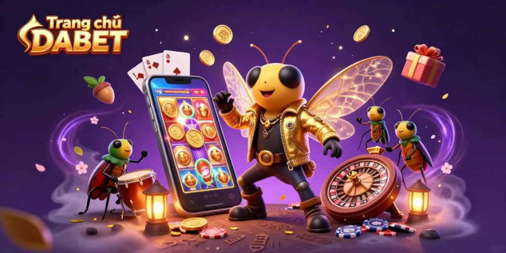 Experience the energetic world of slots at Trang chủ DABET with a vibrant 3D illustration featuring interactive games and characters.