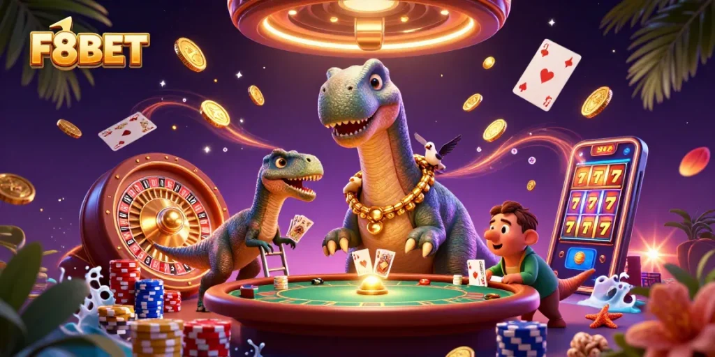 Join the thrilling world of F8BET with a vibrant, action-filled scene featuring poker, roulette, and more!
