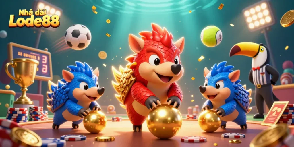 Engage with Nhà cái Lode88 as rival pangolins roll golden balls and stack poker chips in a vibrant casino scene.