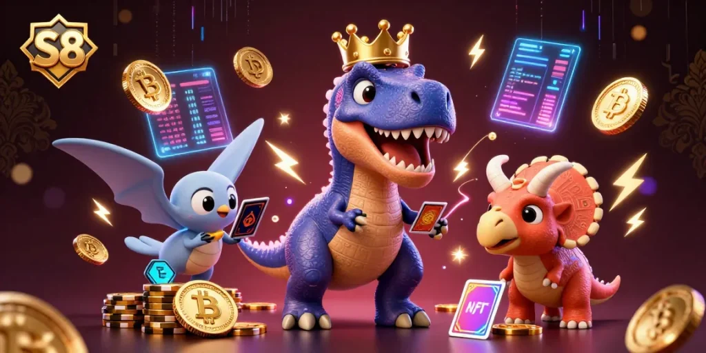 S8 players try their luck with cards while stacking chips in a vibrant casino scene.