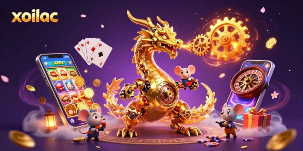 Xoilac showcases thrilling gameplay with a golden dragon, dynamic casino elements, and immersive 3D visuals.