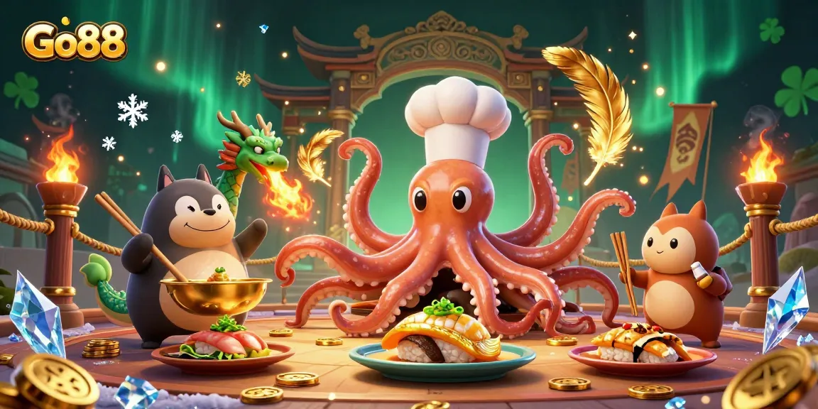 Go88 players enjoy thrilling gaming experiences in a vibrant casino setting with unique characters.