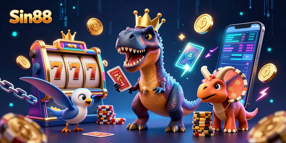 Experience the excitement at Sin88 with a cartoon dinosaur-themed casino illustration, showcasing dynamic gaming action.