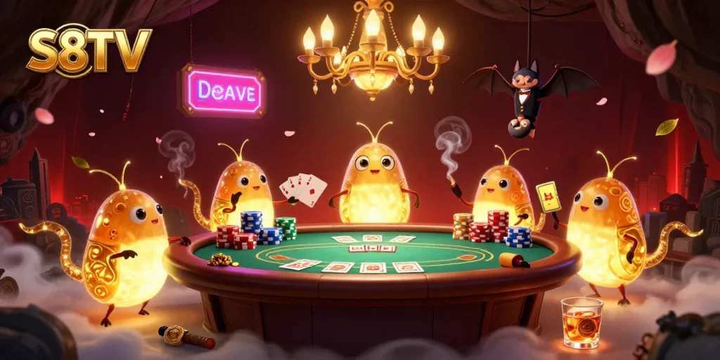 S8TV showcases an engaging 3D scene of glowworms lighting up a vibrant cave casino.